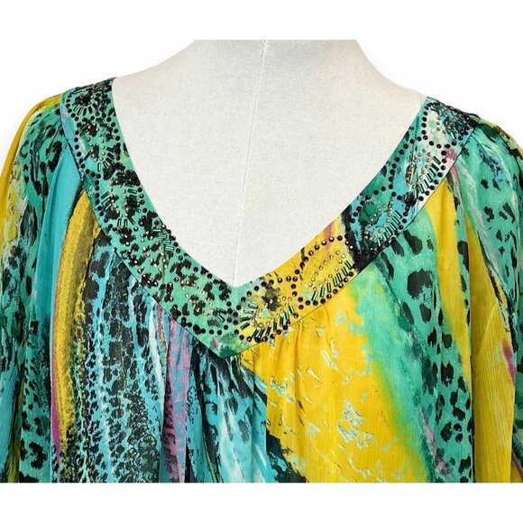 Mushka by Sienna Rose Short Sleeve V Neck Semi Sheer Colorful Sequin Tunic, 1X - Picture 2 of 9